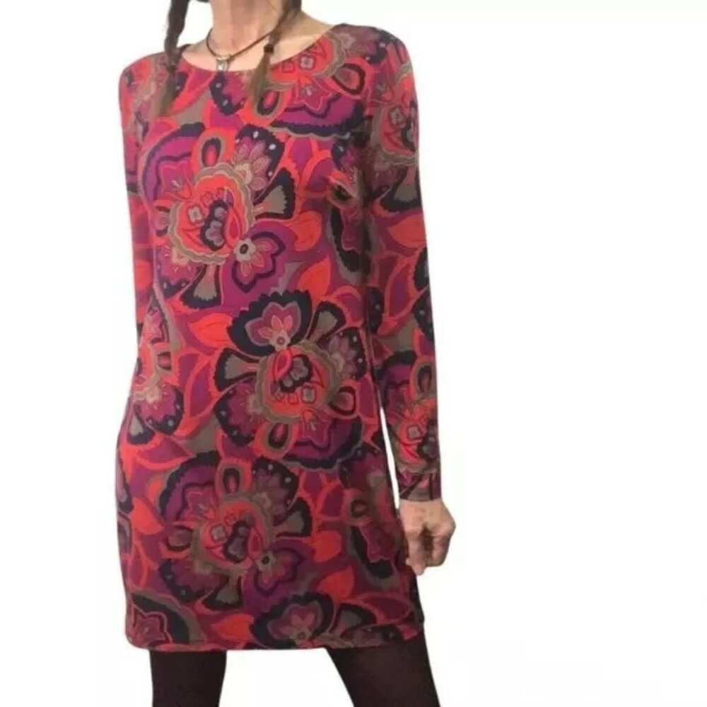 Trina Turk Jersey Knit Shift Dress Women Medium Orange Floral Abstract‎ Short